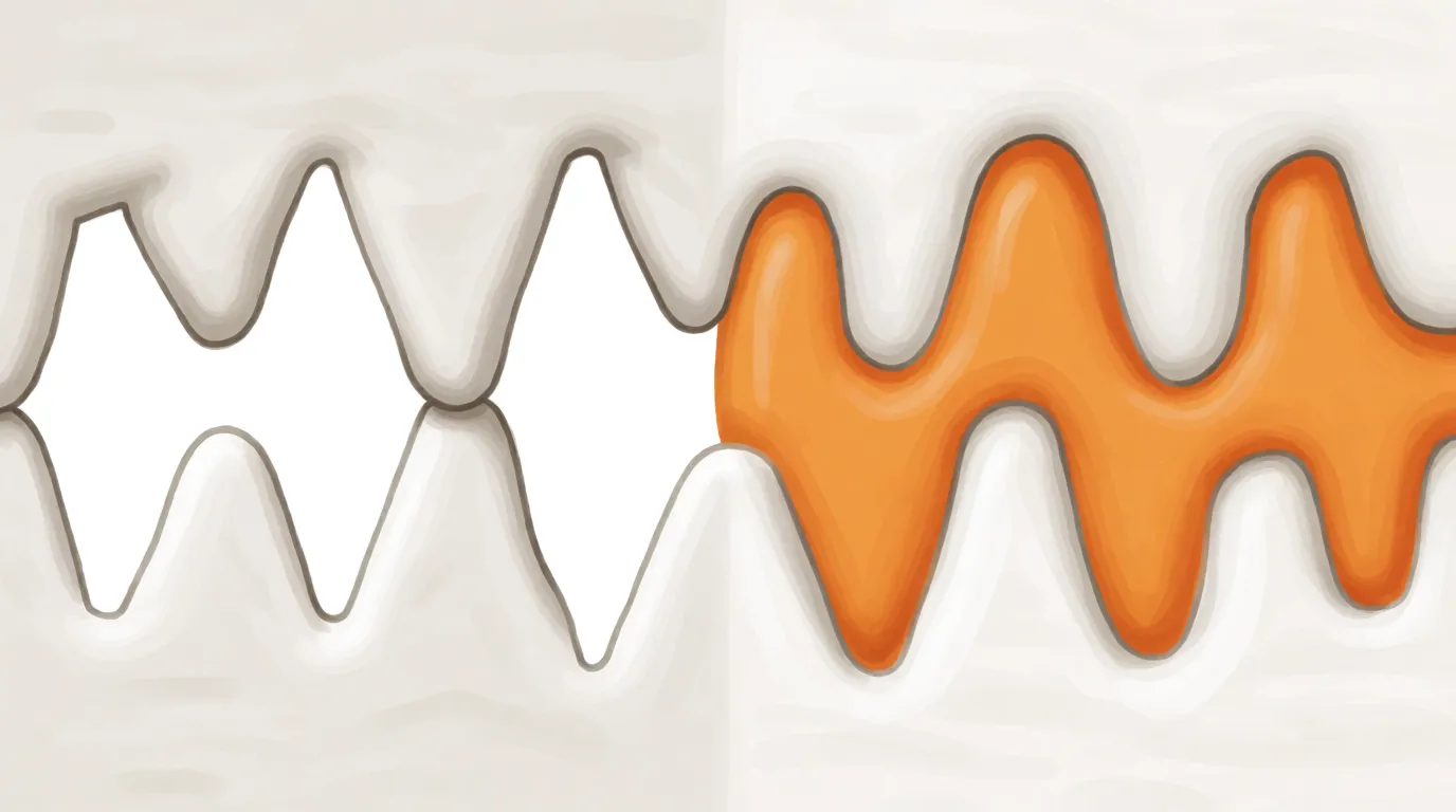 A magnified cross-section showing two rough surfaces meeting at their peaks, and the same surfaces with glue filling every gap