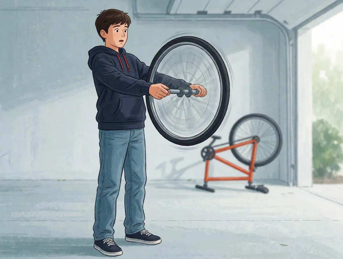 A teenager holding a spinning bicycle wheel in front of him by both ends of its axle