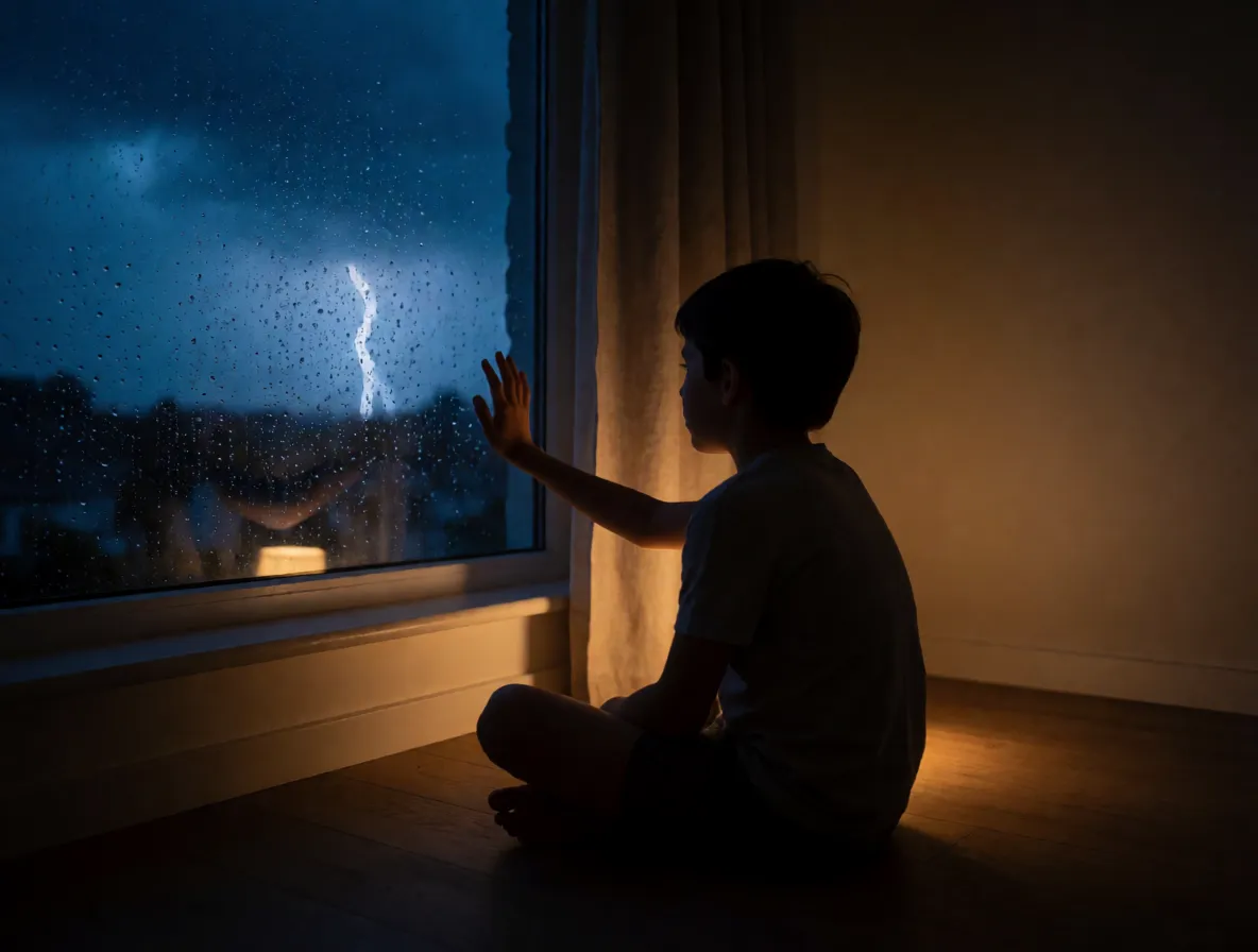 A child sits on the floor at a dark rain-streaked window watching a distant thunderstorm