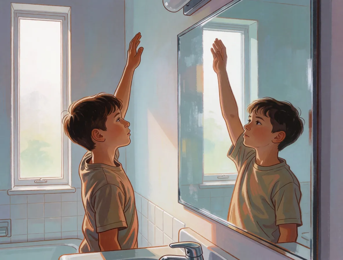 A painted scene of a boy of about ten at a bathroom mirror, one arm raised, a tall window on the left