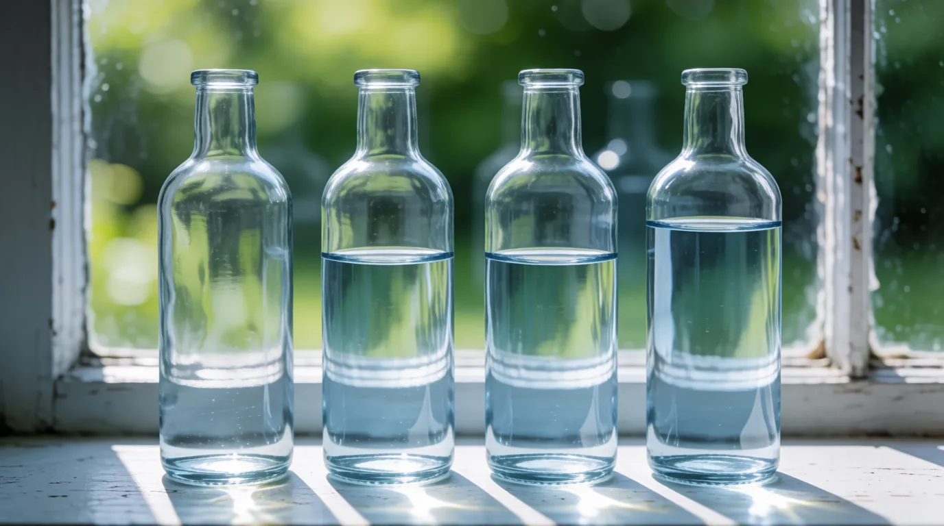 A photograph of four identical glass bottles on a windowsill filled to four different levels with water