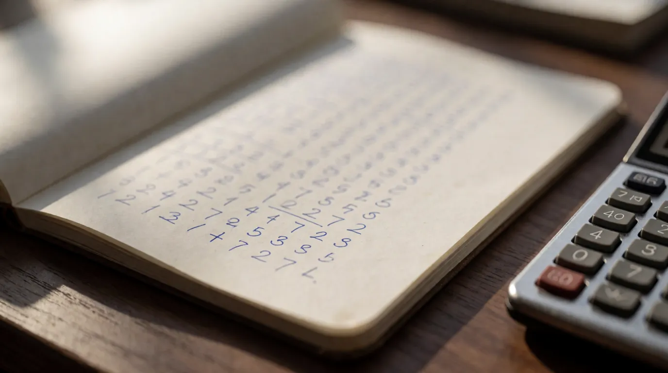 A photograph of a notebook page with a column of handwritten arithmetic beside a calculator