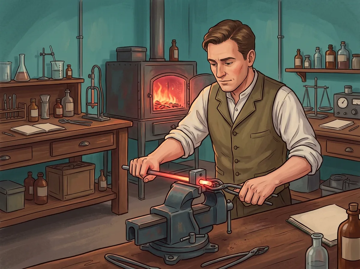 A painted 1908 laboratory, a man pulling a glowing metal rod through a hole in a steel plate