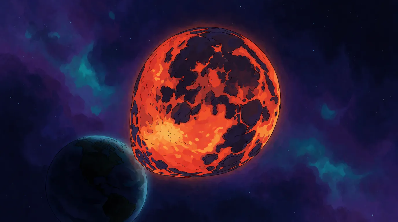 A painted scene of a young glowing Moon drawn slightly out of round, hanging above a dark early Earth